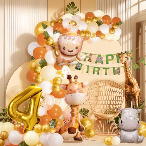 4. Geburtstag Junge Mädchen 4 Jahr Dschungel Geburtstag Dekoration Waldtiere, Safari Luftballons 4 Kindergeburtstag Deko,Tiere Geburtstagsdeko
