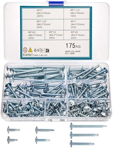 QOOSIKICC 175 pezzi M4,2, Viti autoperforanti a croce, Viti metalliche autoperforanti, set di viti per lamiera di acciaio al carbonio Tek, viti con testa piana a croce