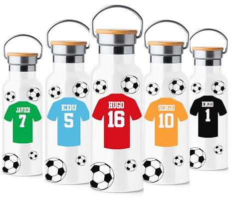 Botella de Agua Personalizada Futbol Niños, Botella Deportiva Hidratación Térmica Sin BPA Doble Pared 500ml (Fútbol Balón)