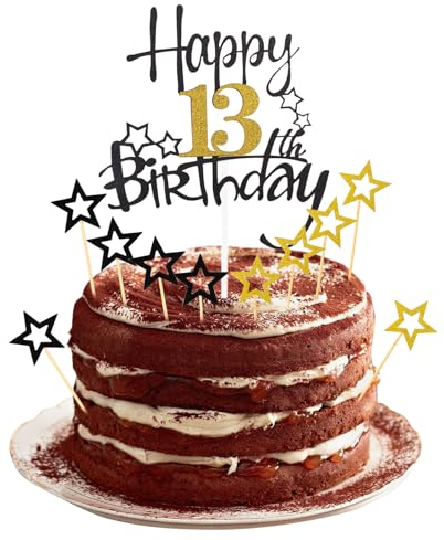 ALEGRE Tortendeko 13. Geburtstag Mädchen Jungen,Happy 13th Birthday Cake Topper,Teenager Geburtstagsdeko 13 Jahre,Glitzer Kuchen Deko 13 Geburtstag,Schwarz Gold Kuchen Topper Stern