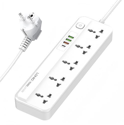 LELYFIT Multiprise Universelle avec Interrupteur, 5 Prises Universelles, 1 x 20W USB-C, 3 Ports de Charge Rapide USB-A QC, Cordon d’Alimentation de 2 m,avec Protection Contre Les Surtensions