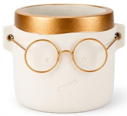 NaDeco Blumentopf Harry mit Gesicht und Brille Gold, Ø 12 cm, Höhe 11,5 cm | Handgefertigt aus Keramik, mit beweglicher Brille auf der Nase, für Sukkulenten, Kakteen und Kräuter im Innenbereich