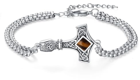 ZIPPICE Thors Hammer Armband 925 Sterling Silber Mjölnir Armband Armbänder Damen Keltischer Knoten Nordische Wikinger Armband Unisex Schmuck Schmuck für Frauen (Tigerauge Stein)