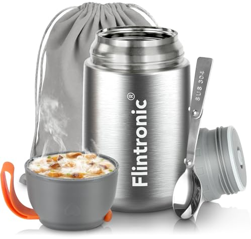 flintronic Thermobehälter, 650ML Edelstahl Warmhaltebehälter, Speisegefäß für Essen, Lebensmittelbehälter mit Klapplöffel, Auslaufsicher Isolierbehälter Essensbehälter, Thermo Lunchbox - BPA-Frei