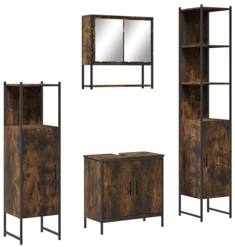 vidaXL Badmöbel Set 4-TLG., Badschrank mit Stauraum, Badezimmer Unterschrank Midischrank Hochschrank Spiegelschrank, Badezimmermöbel, Räuchereiche Holzwerkstoff