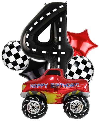 4th Race Car Balloons Set,Große Monster Truck Ballons Zielflagge Ballon Stern Ballon für Kids Race Car Birthday Party Racing Theme Party Dekorationen