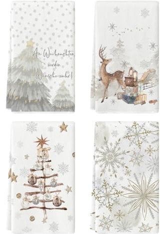 Artoid Mode Schneeflocken Bäume Geschenke Rentier Bar Weihnachten Küchentücher Geschirrtücher, 42x65 cm Mikrofaser Saugfähig Stern Küchen Deko 4er Set