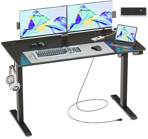 JOISCOPE Height-Adjustable Desk, Memory Height, Standing Desk, with Outlets and USB & Tpye-C and Side Hook, Ideal for Office Desk and Home Desk, 120 x 60 cm, Black