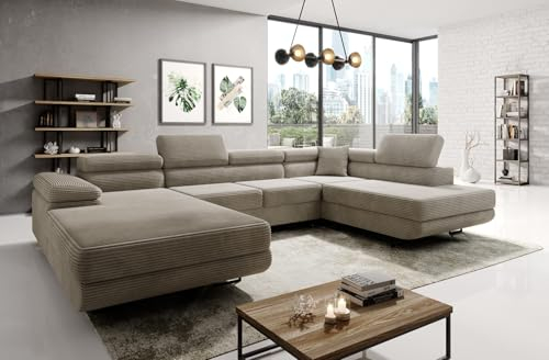 Easy4You Beige Ecksofa Varberg Kord in U-Form 345 x 72 x 205 cm mit Schlaffunktion und Bettzeugbehälter - Schlafsofa mit Bettkasten - Rechts - Eckcouch mit Stauraum - Stoff: Kord Poso 02