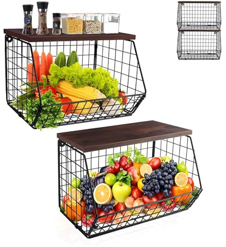 Black Wire Vegetable Rack and Basket - Stackable Fruit and Veg Storage for Countertop or Wall Mounted Use