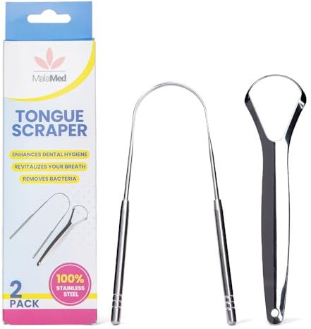 MalaMed | Pack of 2 Tongue Scrapers, 1x U Shape & 1x Y Shaped 100% Stainless Steel Metal Scraper, for Oral Hygiene and Fresh Breath | Easy to Use Cleaner for Adults
