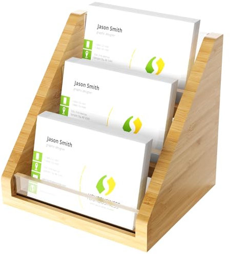 NiOffice Sleek Bamboo Acrylic Business Card Holder for Reception, Office Desk, Meetings, Trade Shows, Home Office, Versatile Use Professional Display, Natural Modern Blend Elegant Organizer (3 Tiers)