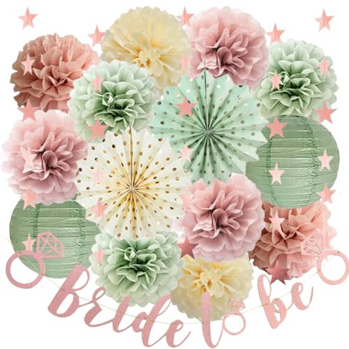 Bride to Be Deko Salbeigrün Rosa Junggesellenabschied Frauen Bridal Shower Party Deko Salbeigrün Rosa Seidenpapier Pom Poms Papierlaterne for Brautdusche Hochzeit Party Deko