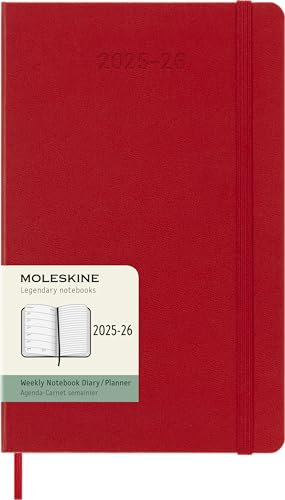 Moleskine Wochen-Notizkalender 2025-2026, 18-Monats-Wochenplaner mit Notizplatz, Harte Einband und Gummiband, Großformat 13 x 21 cm, Scharlachrot