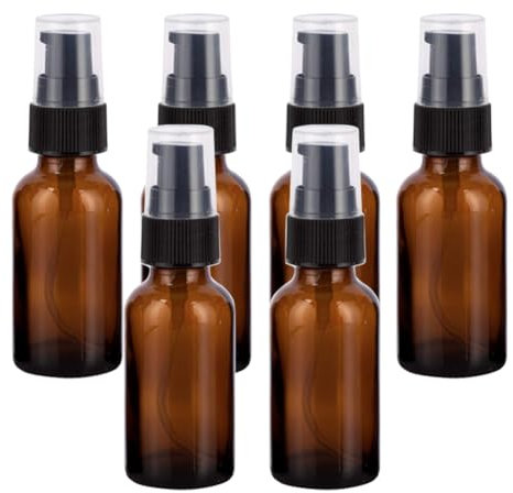 Upstore 6Pcs 30ml/1oz Amber Glass Lotion Pump Bottles with Black Press Top Empty Refillable Travel Size Cosmetic Makeup Pump Dispenser Storage Container Jars for Cream Essential Oils Foundation