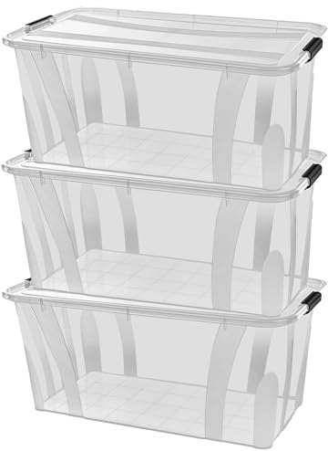 Aufbewahrungsboxen mit Deckel, 7L 14L 21L 32L 55L 80L Plastik Boxen Klickverschluss Stapelboxen 1er/3er Sets Lebensmittelecht Transparent Haushalt & HLKauf-Block (3er Set 80 Liter & 1x HLKauf-Block)