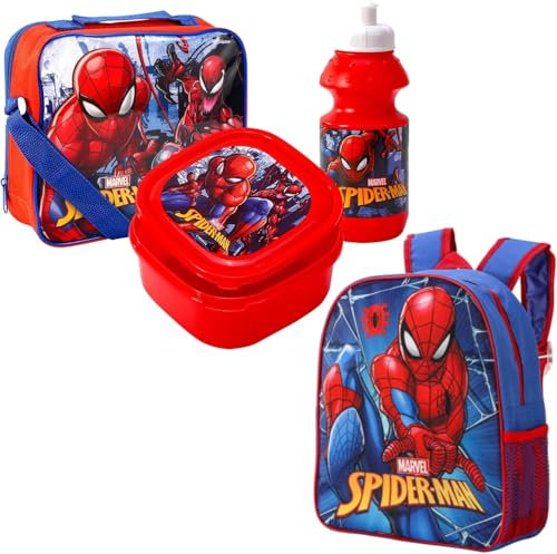 GIFTIDEAZZ Standard Spiderman Character 4 Piece Set Boys Kids Backpack with Side Pocket School Bag + Lunch Bag + Sandwich Box +Water Bottle