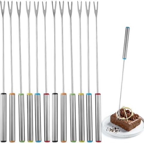 AMSGANK Tenedores para Fondue de Acero Inoxidable, Juego de 12 Tenedor para Barbacoa con Mango Resistente al Calor para Frutas, Malvaviscos, Queso, Chocolate, Asados, Carne
