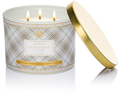 M&SENSE Bougie Parfumées Fleur de cactus & sauge|Bougie Parfumée Avec 3 Mèches|330g Scented Candle Naturelle de Soja|65 Heures De Combustion|à Damier Parfumée Cadeau