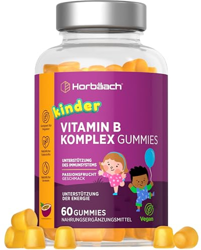 Multivitamin Gummibärchen für Kinder | Vitamin B Komplex mit B3, B5, B2, B6, B12, Zink, Folsäure, Jod & Biotin | Palmölfrei | Passionsfruchtgeschmack | Horbaach