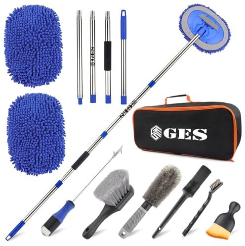 GES Mopa de lavado de coche con mango largo, cepillo de lavado de coche de 62 pulgadas con mango telescópico, kit de limpieza de felpilla de microfibra 2 en 1 con bolsa de almacenamiento para lavar