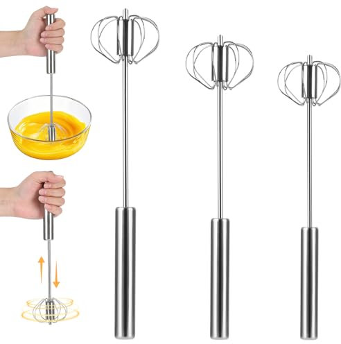 3 Stück Halbautomatischer Schneebesen Aus Edelstahl, Hand Push Schneebesen Edelstahl, Hand Push Easy Whisk Drehbarer RüHrbesen, Handschneebesen zum Mischen Schlagen Aufschäumen und Rühren