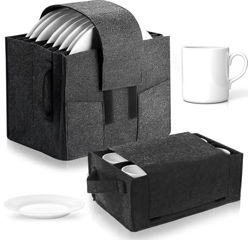 Miawtro Caravan Plate Holder, 2 Pack Motorhome Storage with Dividers and Side Pockets, Foldable Mug Storage with Handles and Velcro for Caravans, Boats, Camping, Picnics, Dinners and Celebrations