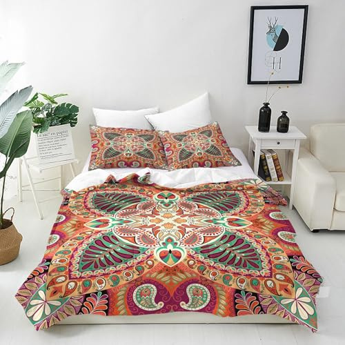 ANHOPE Indien Boho Paisley Blume Bettwäsche Set 2 Teilig Bettbezug 135x200 cm + Kissenbezüge 80x80 cm Weich Microfaser Bettbezüge mit Reißverschluss