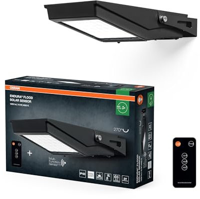 Osram ENDURA LED-Flutlicht Flood Solar, 10W, solarbetrieben, eingebauter Sensor, kaltweißes Licht, Fernbedienung, lange Batterielaufzeit bis zu vier Stunden bei voller Helligkeit, Schutzklasse IP65