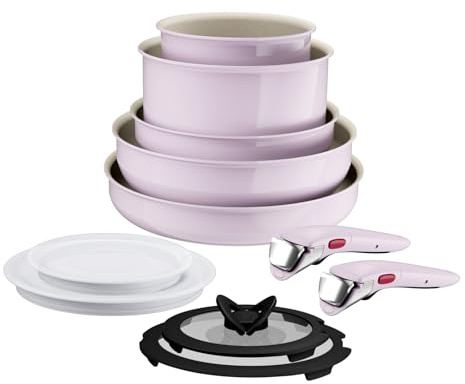 Lagostina Ingenio Pastel, Set di Padelle Antiaderenti 11 Pezzi con Manico Rimovibile, Compatibili con Induzione e Forno, Design Salvaspazio, Colore Rosa