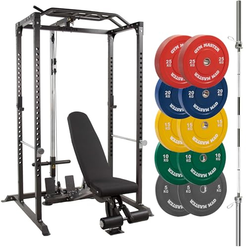 GYM MASTER GM1 Power Rack With Dual Pulley Cable System, Weight Bench, Olympic Barbell and 150kg Olympic Coloured Bumper Weight Plates Bundle (8 Items)