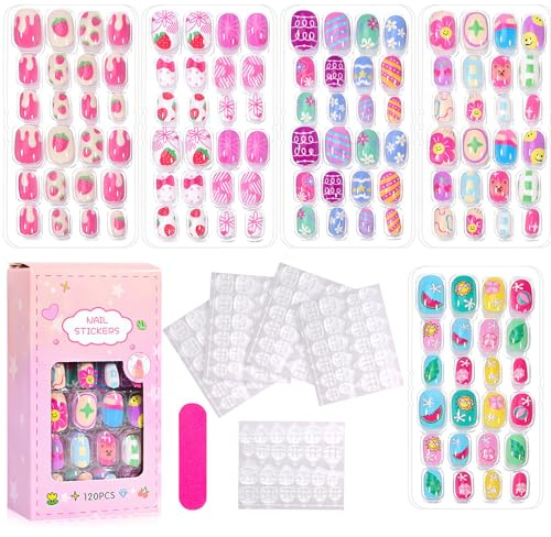 120 Pcs Stick on Fake Nails for Kids,Pre-glue Press on Nail with 12 Sizes for Children,Full Cover Short False Nail,Colourful Girls Fake Nails Art Kit for Birthday Gift (A Style)