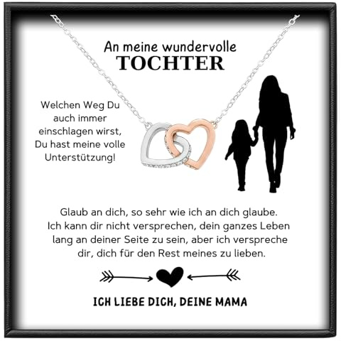 BYLITZ An meine Tochter Herz Kette von Mama oder Papa Doppelherz Halskette mit Zirkonia und persönlicher Karte mit Geschenk-Box zum Geburtstag Weihnachten