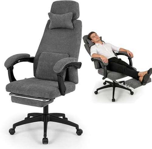 GYMAX Chaise de Bureau Confortable avec Repose-Pieds Rétractable | Fauteuil Ergonomique avec Appuie-Tête, Coussin Lombaire, Dossier et Hauteur Réglable, Siège Doux en Chenille