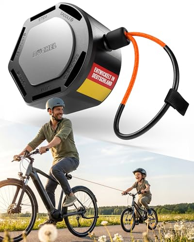 Büchel Corde de remorquage de vélo pour enfants jusqu'à 120 kg – 2,20 m – Avec languette de traction et protection contre l'abrasion – Mousqueton solide & montage en 3 positions pour vélos adultes et