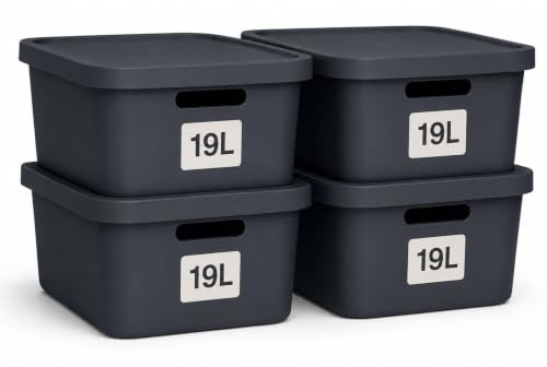 Plastard Aufbewahrungsbox mit Deckel 4er-Set 19 Liter in Anthrazit | BPA-Freie Ordnungsbox für Küche, Bad, Büro, Kinderzimmer, Robuste Stapelbare Kunststoffbox, 46 x 34 x 16 cm, Ordnungskiste