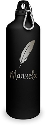 printplanet Trinkflasche mit Namen Manuela - graviert mit Feder Layout, Aluminiumflasche mit Gravur, Sportflasche - matt schwarz