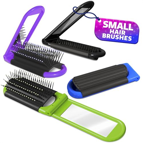 4 Pack Folding Travel Hair Brush – Travel Brush for Women with Built-in Mirror and Massage Comb in 4 Colors, Plastic & Nylon Bristles, Compact Size (4.25in L) – Convenient for Traveling and Gifting