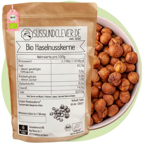 süssundclever.de® Bio Haselnüsse | Haselnusskerne | 1,0 kg | Premium Qualität | naturbelassen | plastikfrei und ökologisch-nachhaltig abgepackt