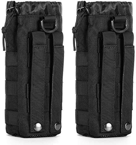 Upgraded Sports Water Bottles Pouch Bag, Tactical Drawstring Molle Holder Pouches, Travel Mesh Tactical Hydration Carrier (Black-2 Pack)