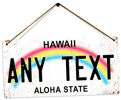 Personalised American Number Plates - Custom Hawaii Rainbow v1 – Holes and Twine | Printed Metal Wall Sign Plaque Show Plate