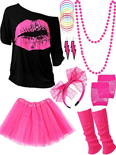 Ensemble d'Accessoires de Costume des Années 80, T-Shirt Tutu Bandeau Boucles d'oreilles Collier Jambières (Rouge Rose, XXXL)