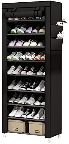 PKGE 10 Tiers Heavy Duty Shoe Cabinet Tower Storage Organizer Shoe Rack Stand with Dustproof Cover Hold Up To 30 Pairs of Shoes- 153 x 58 x 29 cm (Black)