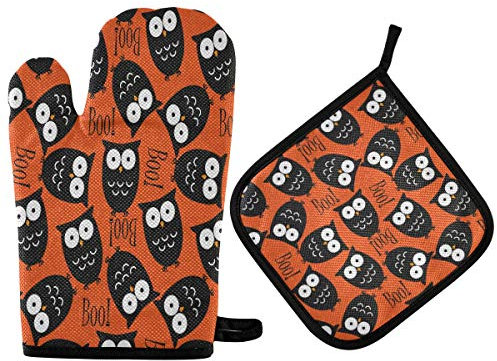ZZXXB Halloween Owl Boo Oven Mitts and Pot Holders Set of 2 Heat Resistant Non-Slip Kitchen Gloves for Cooking Baking Barbecue Grilling