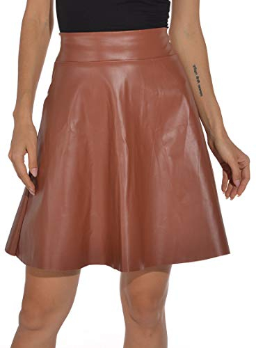 Damen Midi Rock in Lederoptik Plissee Rock matt glänzend (braun, L)