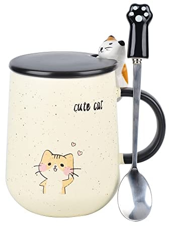 XinHuiGY Tazza Gatto, Tazze Caffè Tisana in Ceramica, Carina Bicchieri da tè, con Coperchio, Cucchiaio Kitty, Latte Caffè Mug per Compleanno, Ragazze Donne Natale Boccale Regalo 400ml (Giallo)