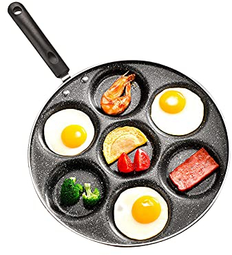 Cyrank Poêle à œufs, mini poêle à crêpes, poêle à œufs au plat, poêle à crêpes, poêle à œufs antiadhésive avec 7 trous pour la cuisson des hamburgers, omelettes, 30 cm