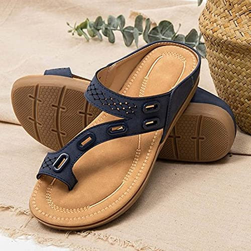 Sandales Femmes Plates Chaussures Orthopedique Confortables Été Tongs À Talons Plats Hallux Valgus Correcteur Claquettes Nu Pieds pour Filles Plage,Bleu,35