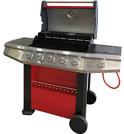 Barbacoa de gas de 4 fuegos + 1 lateral, color rojo, 156 x 58 x h121 cm