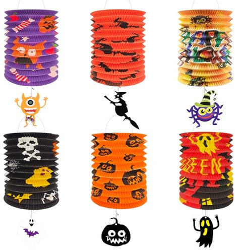 Halloween Papierlaternen Dekoration - 6 Stück Aufhängen, Geist Schläger Spinne Kürbis-Faltbar für Party, Sankt Martin, Junge Mädchen Kinder